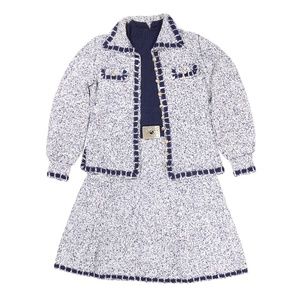 St. John Knit Sleeveless Sweater Dress with Jacket, Navy & White